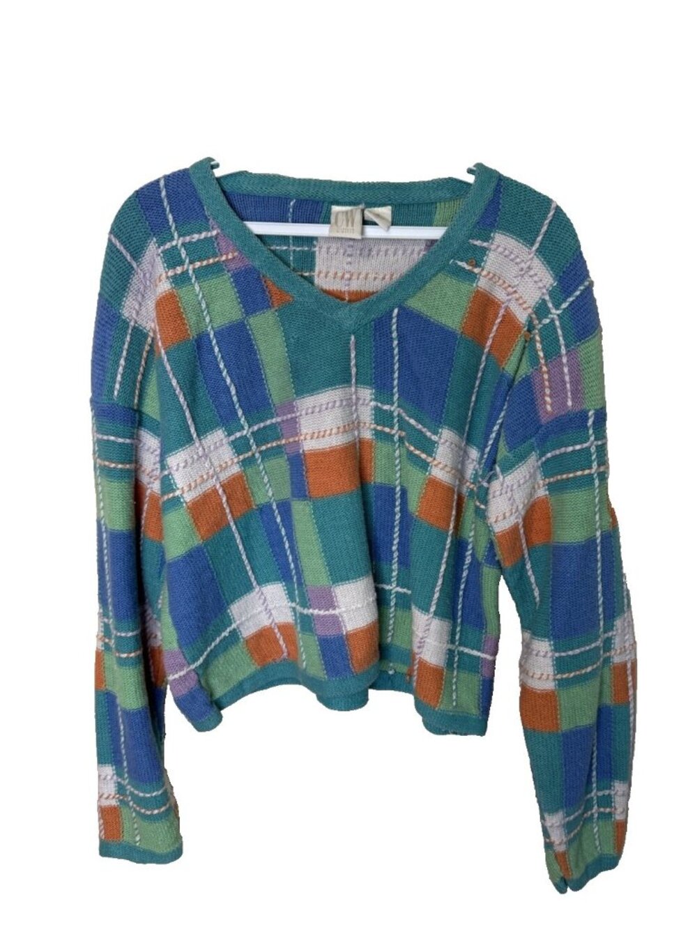 Vintage 90s Sweater Rainbow Plaid Knit Cropped Streetwear